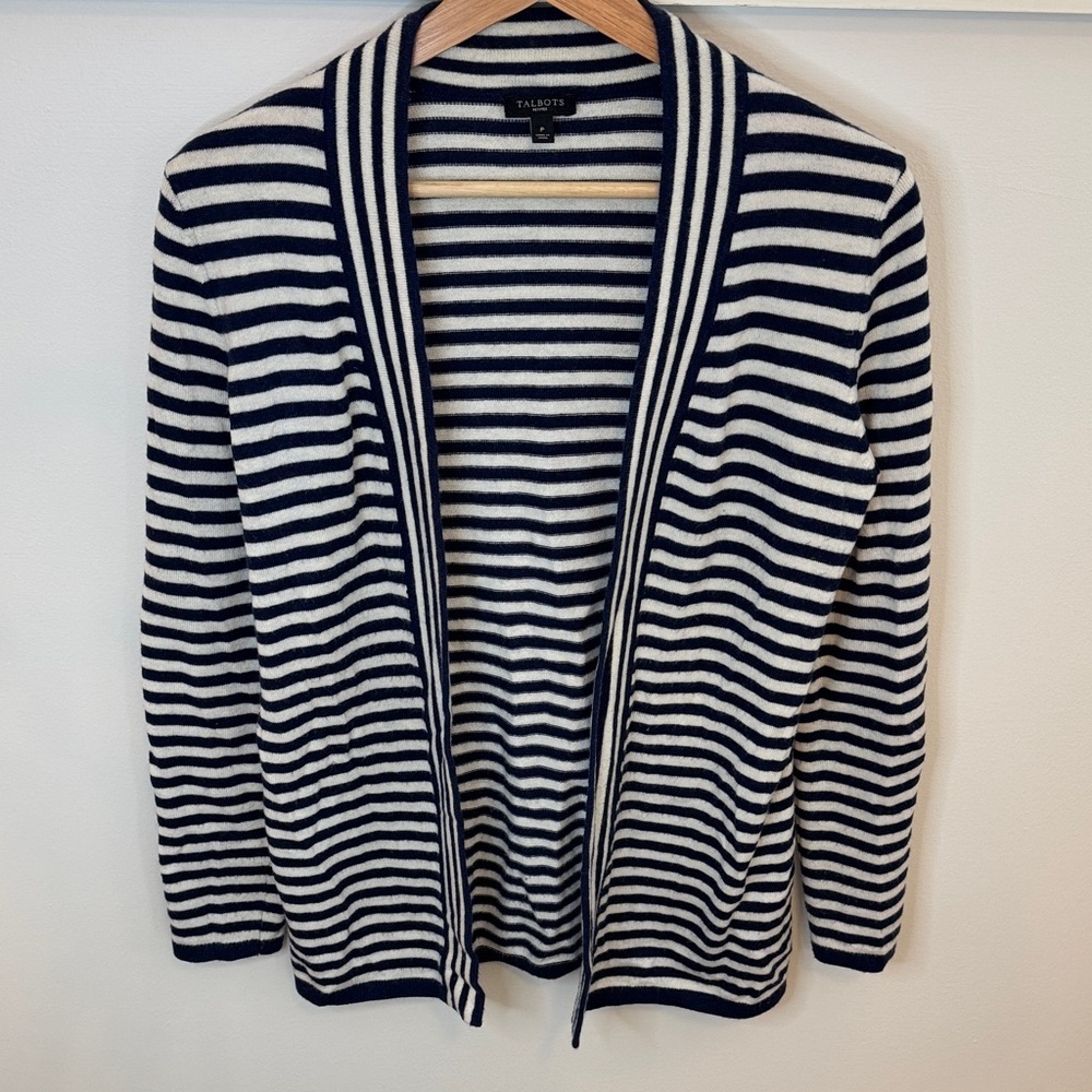 Talbots Women’s Classic Navy Cream Striped Cardigan Lambswool blend Size XSP